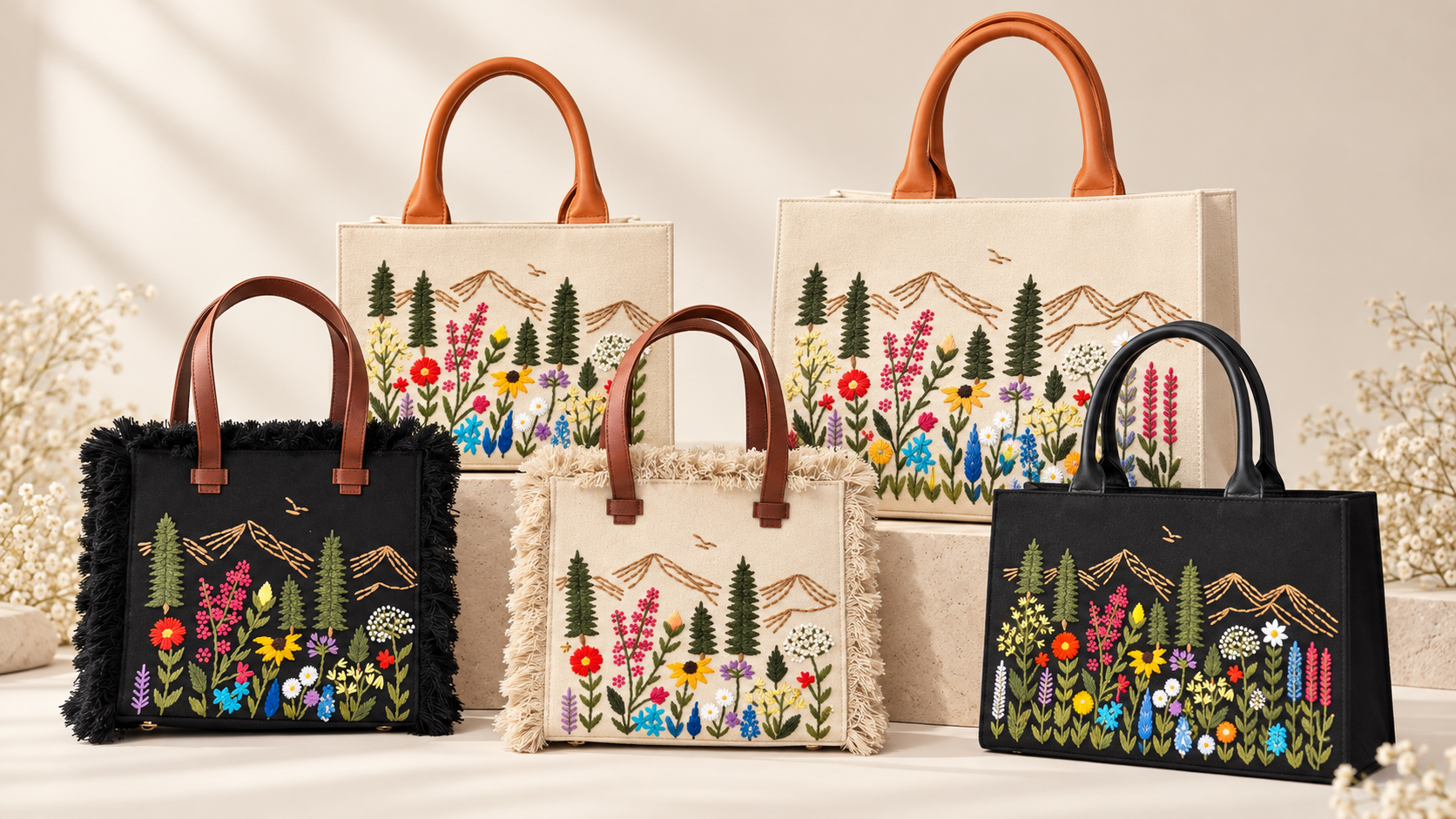 A selection of VERAANE Meadow handbags in natural and black