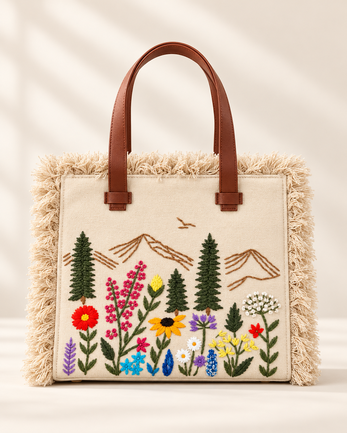 Natural Meadow Fringe handbag with hand-embroidered wildflowers and mountains, front view