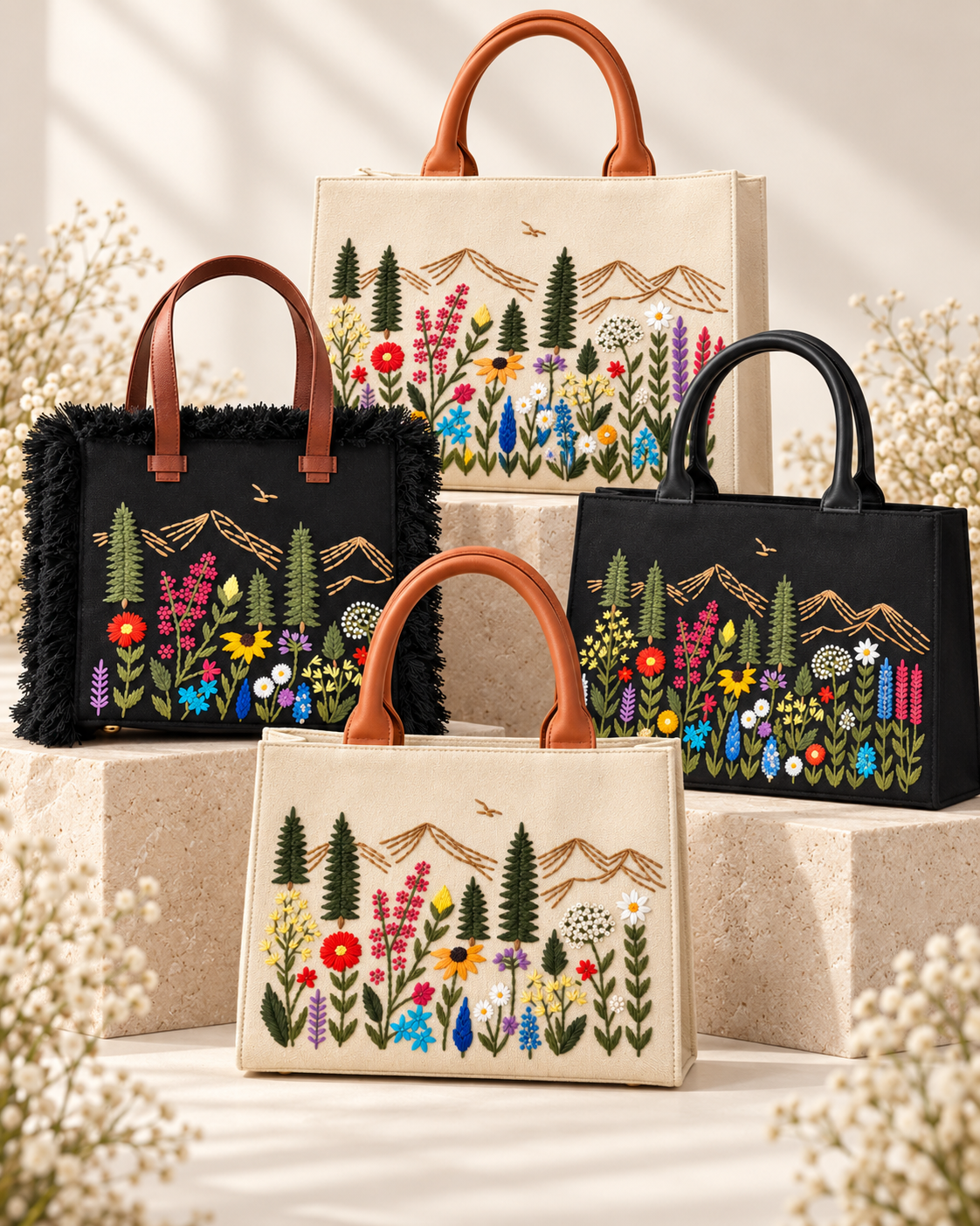 Embroidered natural and black VERAANE bags arranged on warm stone plinths