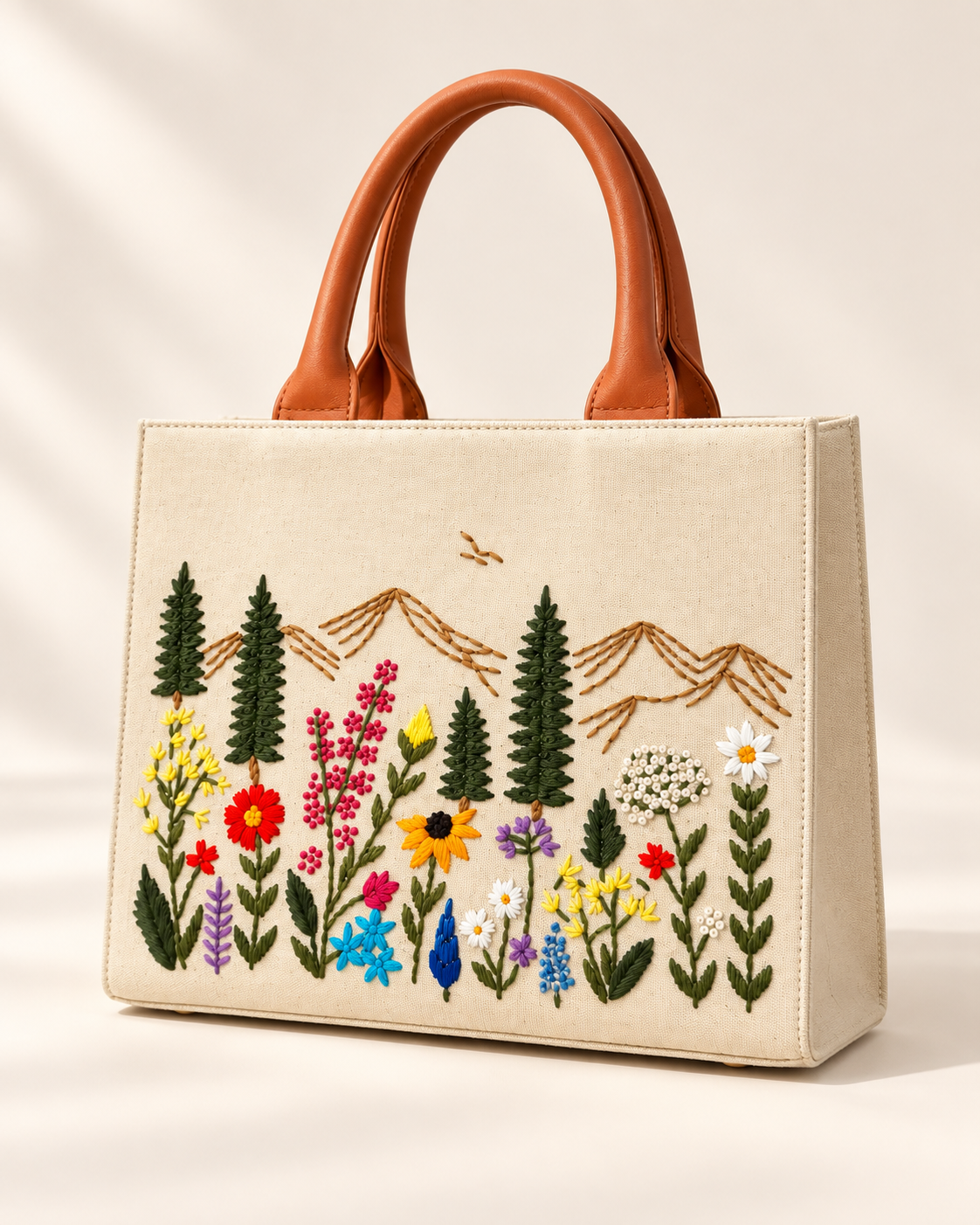 Natural · Medium Meadow Carryall hand-embroidered handbag, angled view