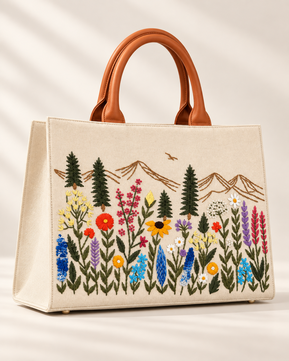 Natural · Large Meadow Carryall hand-embroidered handbag, angled view