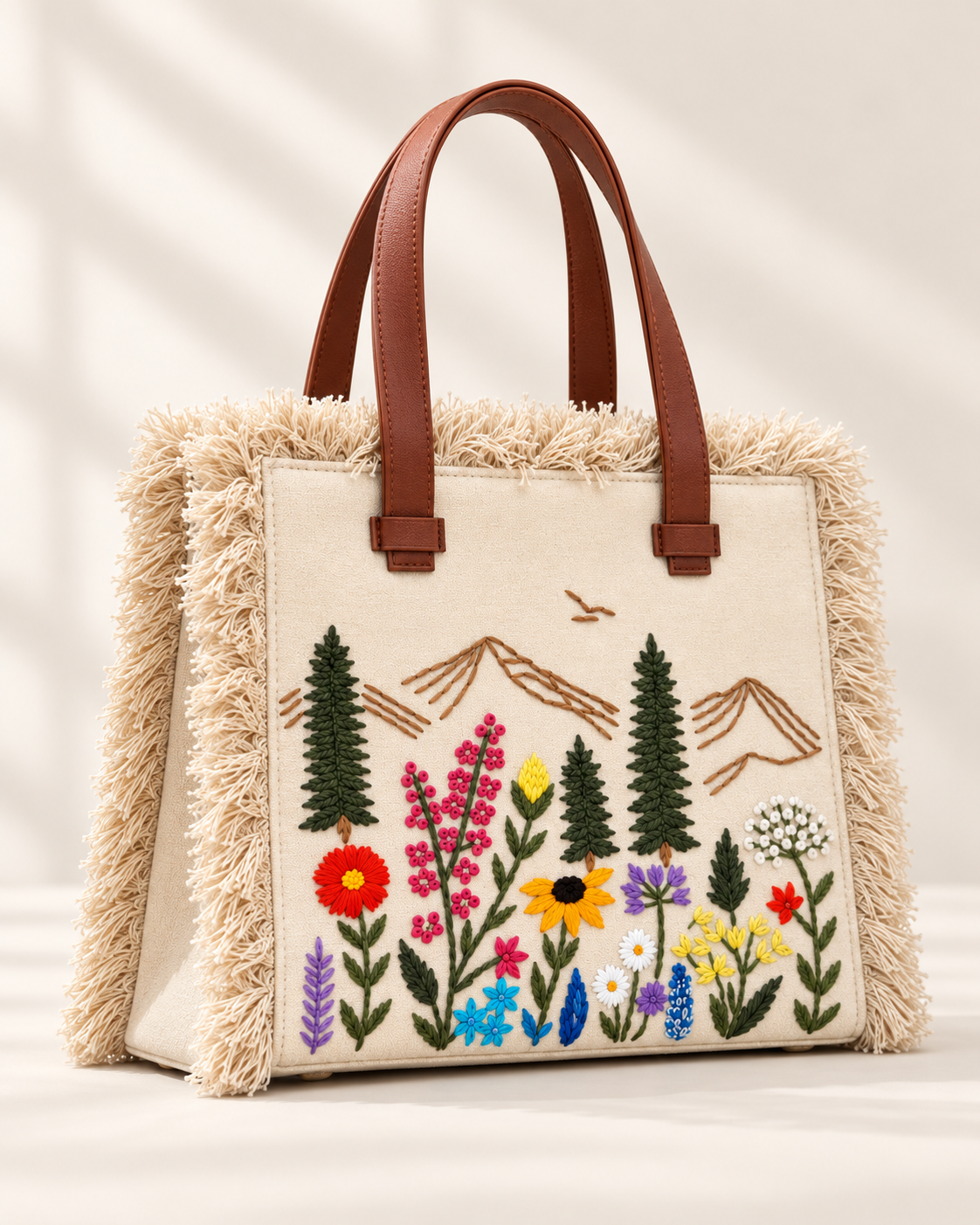 Natural Meadow Fringe hand-embroidered handbag, angled view