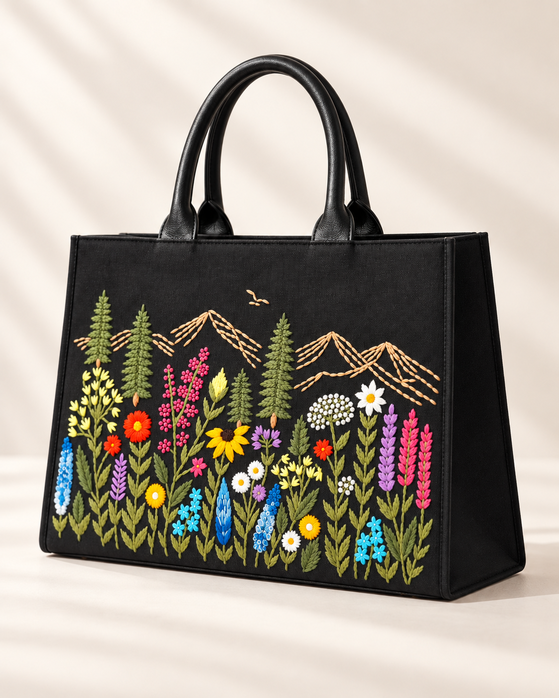 Black Meadow Structured hand-embroidered handbag, angled view